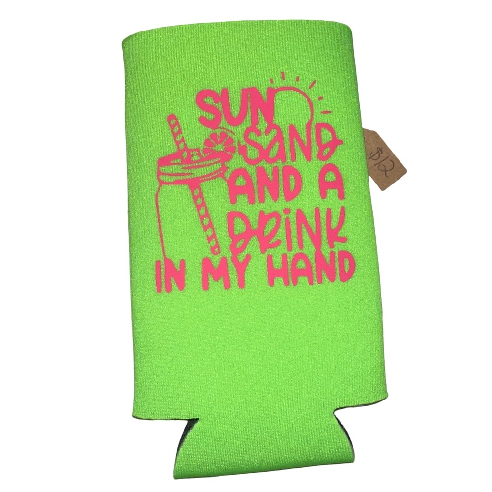 Sun Sand and a Drink in My Hand Slim Can Cooler – Neon Green